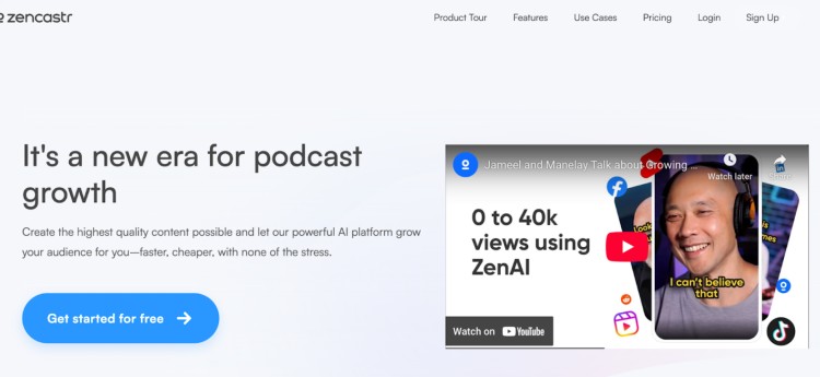 Zencastr homepage promoting AI-powered podcast growth platform like StreamYard
