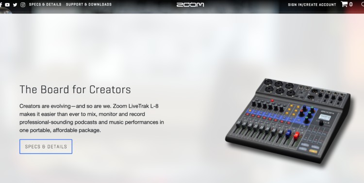 Podcasting audio mixer Zoom LiveTrak L-8 board for creators with controls and inputs