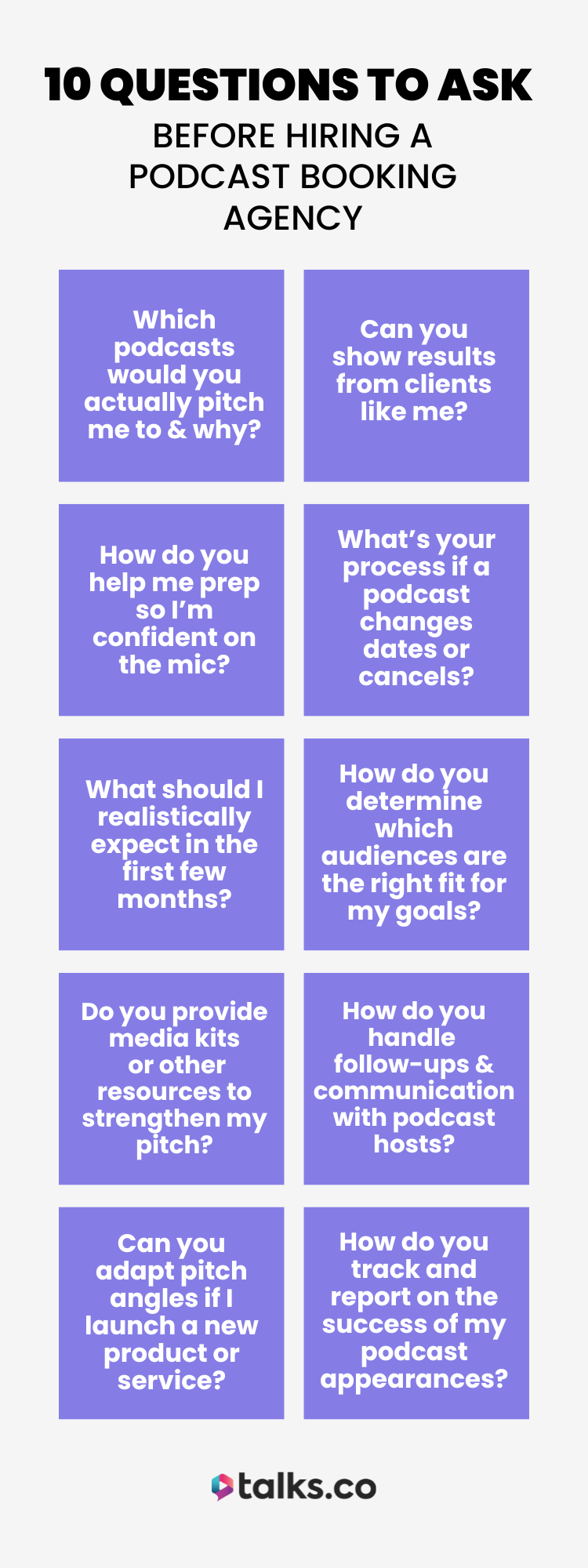 nfographic showing 10 questions to ask before hiring a great podcast booking agency, covering pitching, preparation, audience fit, media kits, follow-ups, and tracking success.