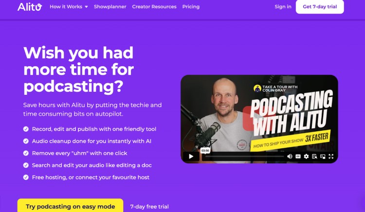 Alitu podcast software for editing, recording, and publishing podcasts faster with automation.