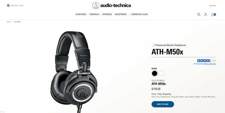 Audio-Technica ATH-M50x professional monitor headphones shown in black, ideal as perfect podcast headphones