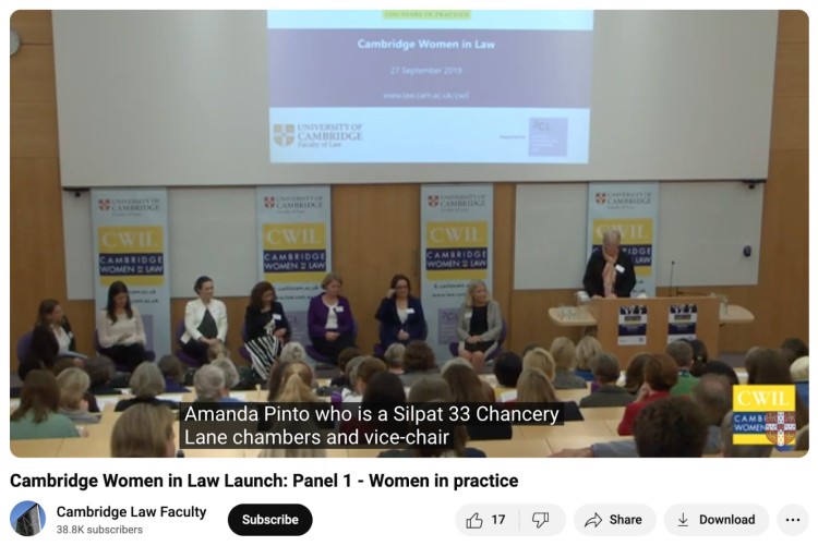 Panel discussion at Cambridge Women in Law event with a brief introduction by the moderator before women in practice share their insights.