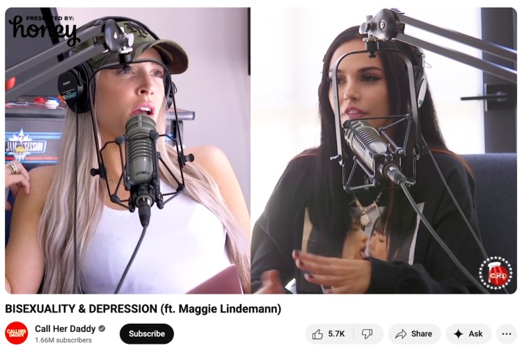 Hosts of the Call Her Daddy podcast wearing sony mdr-7506 studio headphones while recording an episode with professional microphones.