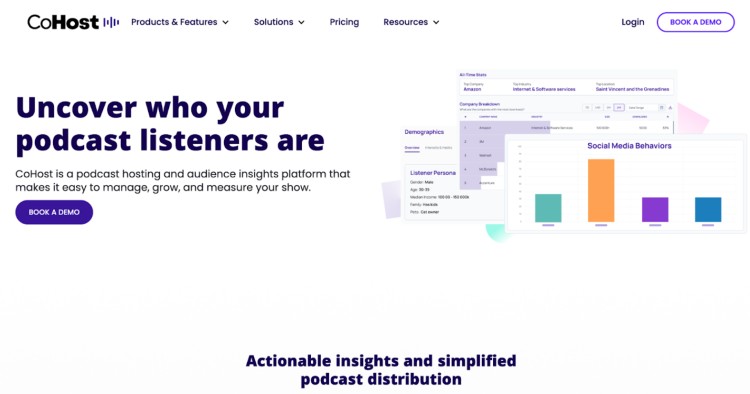 CoHost podcast analytics platform homepage showing audience insights, demographics, and social media behavior data to help podcasters understand their podcast listeners.