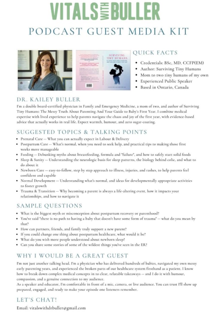 Podcast guest media kit for Dr. Kailey Buller featuring bio, suggested topics, sample interview questions, and credentials as a parenting and healthcare expert.