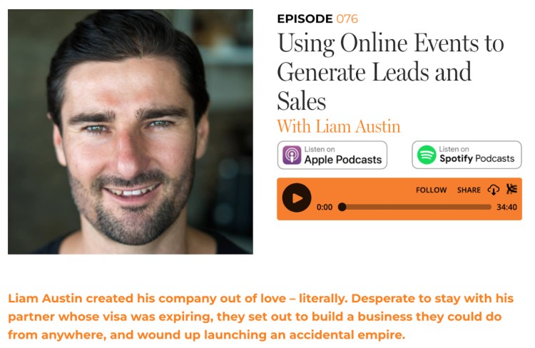 Podcast cover featuring Liam Austin discussing episode content on using online events to generate leads and sales