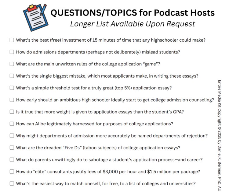 A checklist of sample questions and topics for podcast hosts, designed to inspire engaging discussions they can bring to their audience.