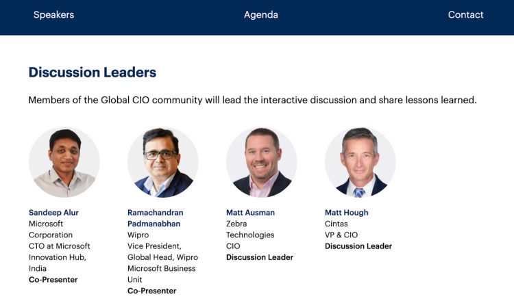 Lineup of four panelists from Microsoft, Wipro, Zebra Technologies, and Cintas featured as discussion leaders for a Global CIO event.