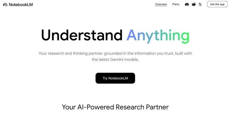 Google NotebookLM homepage highlighting its AI-powered features, representing ai tools like Google that support research, content creation, and podcast workflows.
