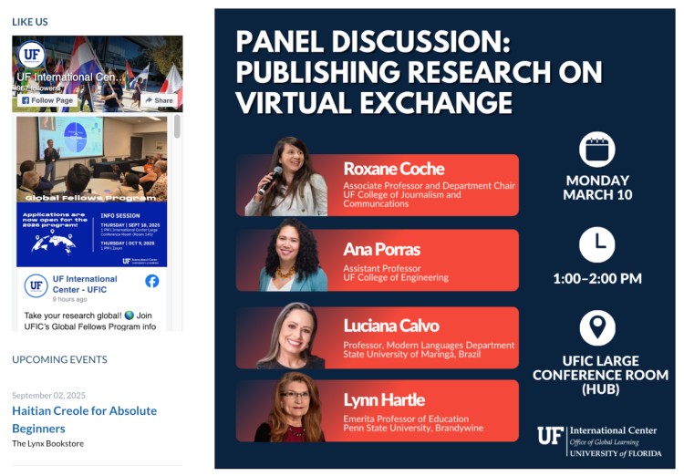 Panel discussion poster featuring four professors discussing publishing research on virtual exchange at the University of Florida International Center.