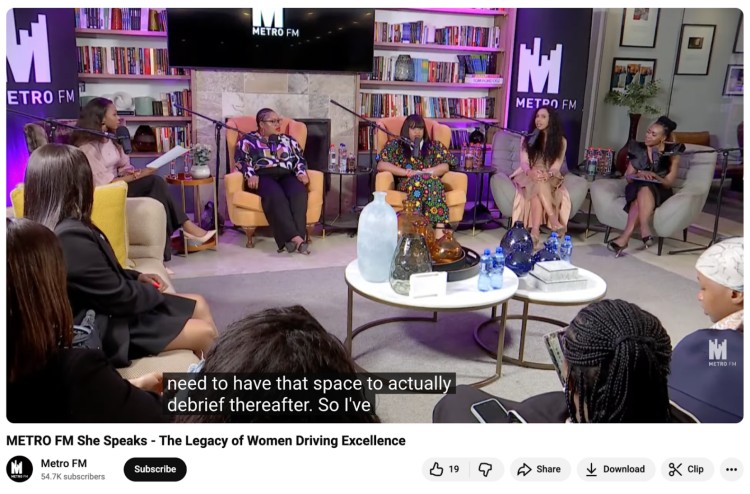 A great panel discussion featuring multiple women experts seated in a studio setting at Metro FM, engaging in a conversation on leadership and excellence.