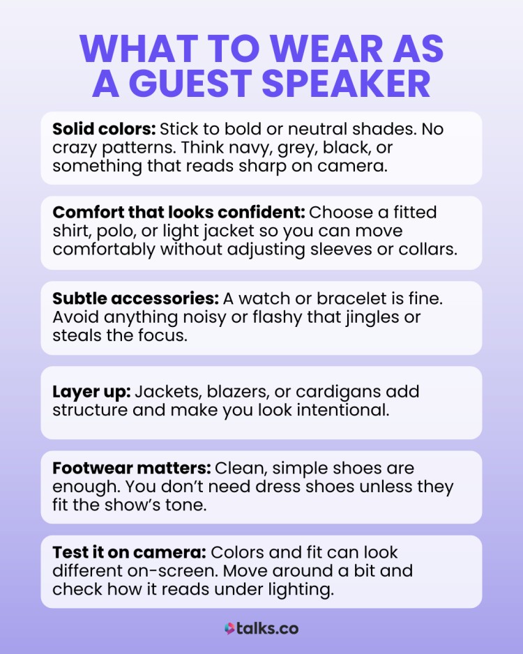 Helpful infographic outlining what to wear as a guest speaker, including tips on solid colors, confidence, subtle accessories, layering, footwear, and testing on camera.