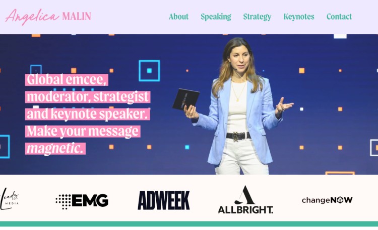 Angelica Malin speaking on stage as a global emcee, strategist, and keynote speaker, showcasing her expertise in hosting a panel discussion.