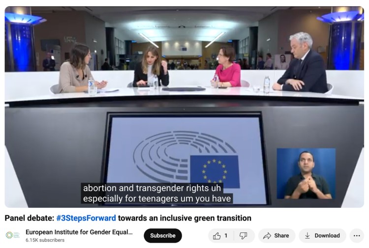 Panel event at the European Parliament discussing gender equality, abortion, transgender rights, and the inclusive green transition.