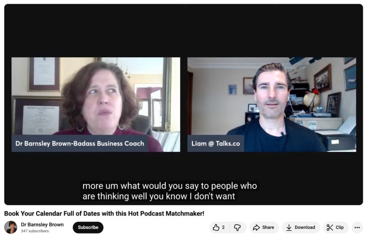 Liam Austin in a podcast interview with Dr. Barnsley Brown, where they exchange insights and answer lighthearted questions that could be fun while discussing podcast matchmaking and business growth.