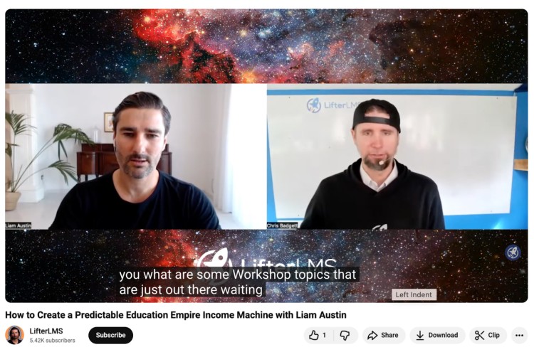 Liam Austin speaking on the LifterLMS podcast about education workshops and predictable income strategies, during a segment with questions based on workshop topics and business growth.