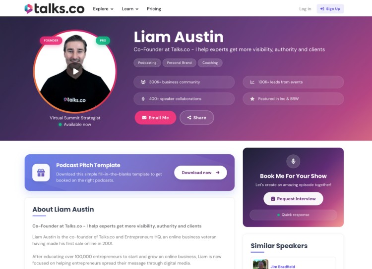 Liam Austin interviewee speaker profile on Talks.co platform showing his expertise in coaching, and personal branding.