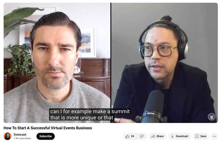 Liam Austin speaking on the Svencast YouTube channel about starting a successful virtual events business, featured in a podcast episode with valuable insights on summits and online growth.