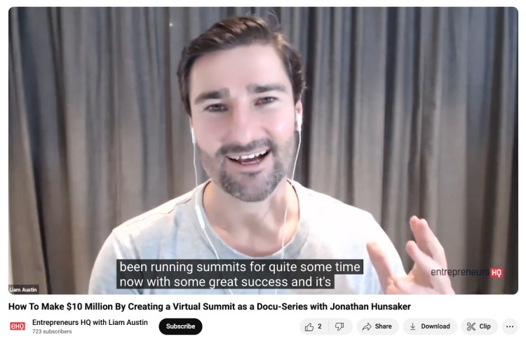 Liam Austin hosting a podcast recording during a virtual summit interview session.