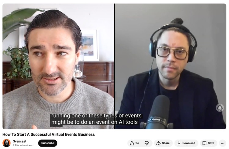 Liam Austin speaking in an interview about building an ai-powered virtual events business with another host wearing headphones and using a microphone