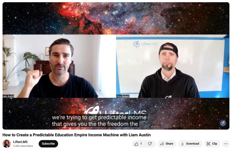 Liam Austin interviewed on the LifterLMS YouTube channel discussing predictable income strategies, inviting viewers to listen for insights on building scalable education businesses.