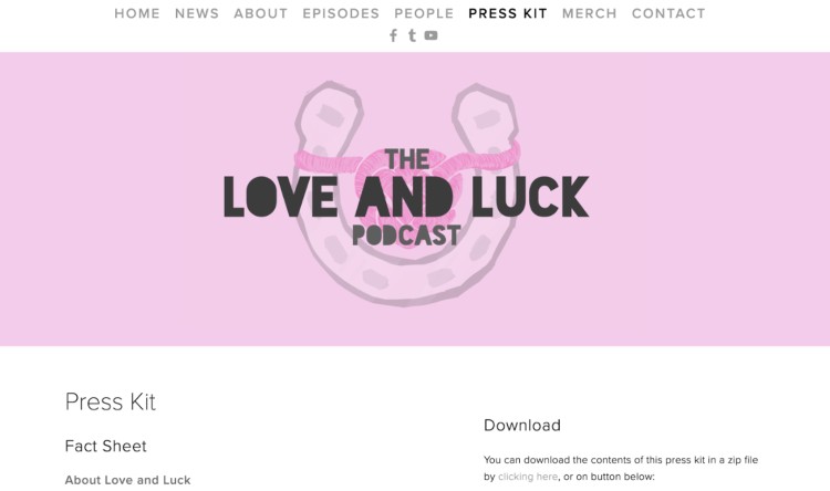 Love and Luck podcast digital media press kit with pink horseshoe logo
