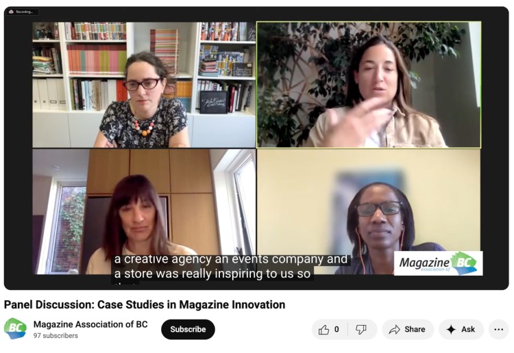 Panel discussion on case studies in magazine innovation featuring four speakers engaged in a meaningful discussion.