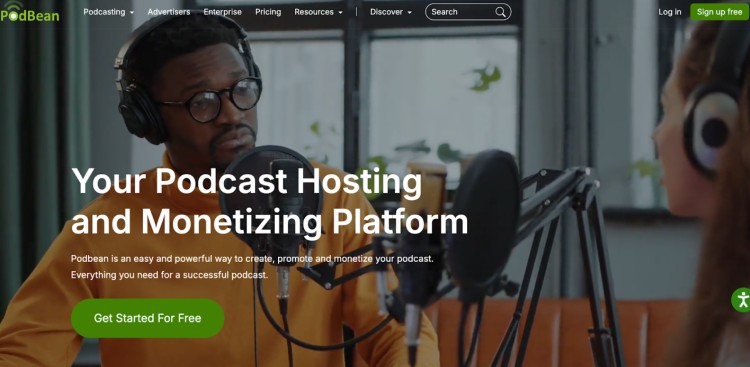 Podbean platform showing podcasters recording in a studio, designed to help you host, grow, and monetize your podcast effectively.