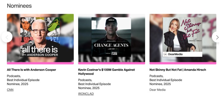 Image showing nominees for Best Individual Episode, featuring three shows recognized for creating a compelling podcast episode