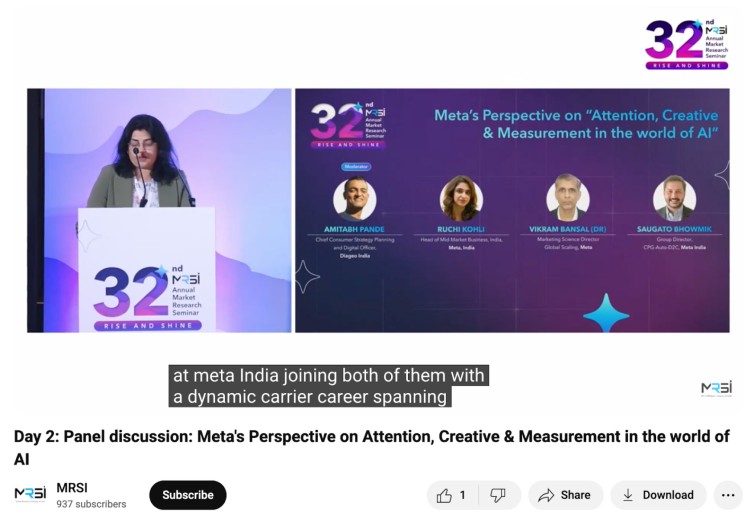 A moderator giving an introduction at the 32nd MRSI Annual Market Research Seminar before a panel discussion on Meta’s perspective on attention, creative and measurement in AI
