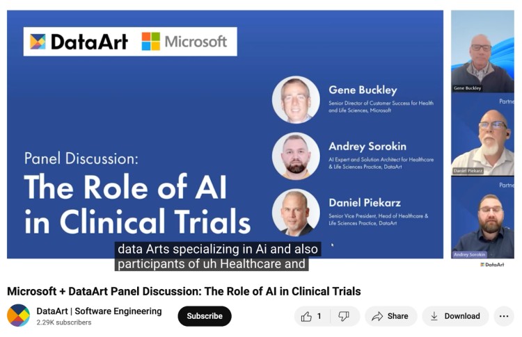 Panelists introduce themselves during a Microsoft and DataArt panel discussion on the role of AI in clinical trials with speaker names and titles shown on screen
