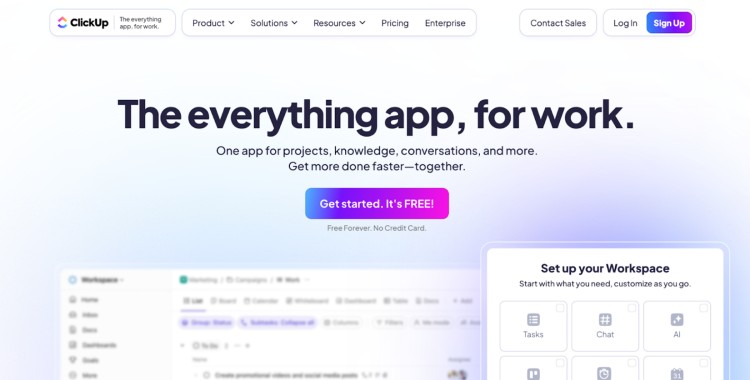 ClickUp homepage showcasing its project management features that can also be used as podcast apps to organize tasks, manage workflows, and streamline podcast production.