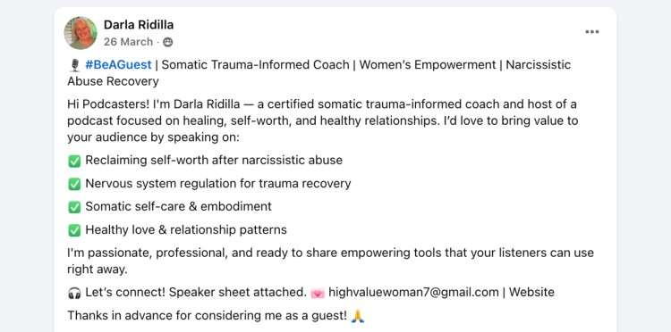Facebook post by Darla Ridilla showcasing a podcast guest pitch highlighting her expertise and topics she can offer to relevant podcasts.