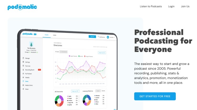 Podomatic platform designed to make podcasting easier with free hosting, publishing, analytics, and promotion tools.