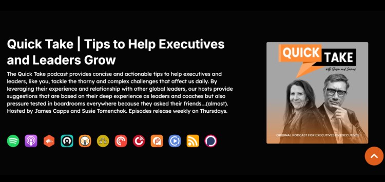 Quick Take podcast show cover with hosts James Capps and Susie Tomenchok offering leadership and executive growth tips