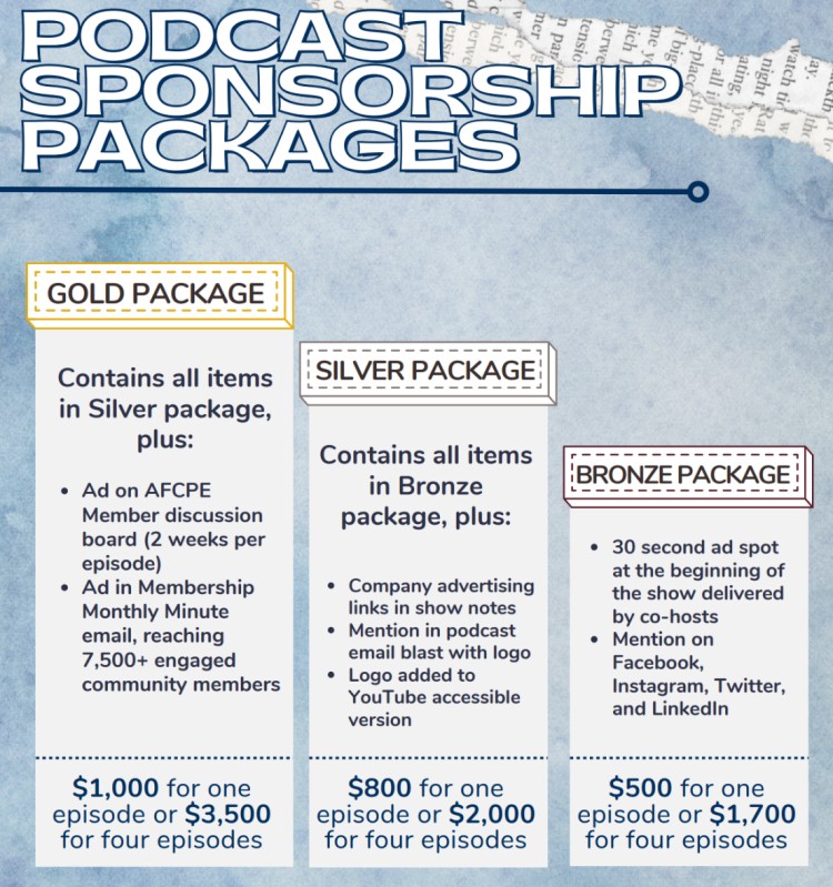 Podcast sponsorship packages designed to attract sponsors with gold, silver, and bronze advertising options