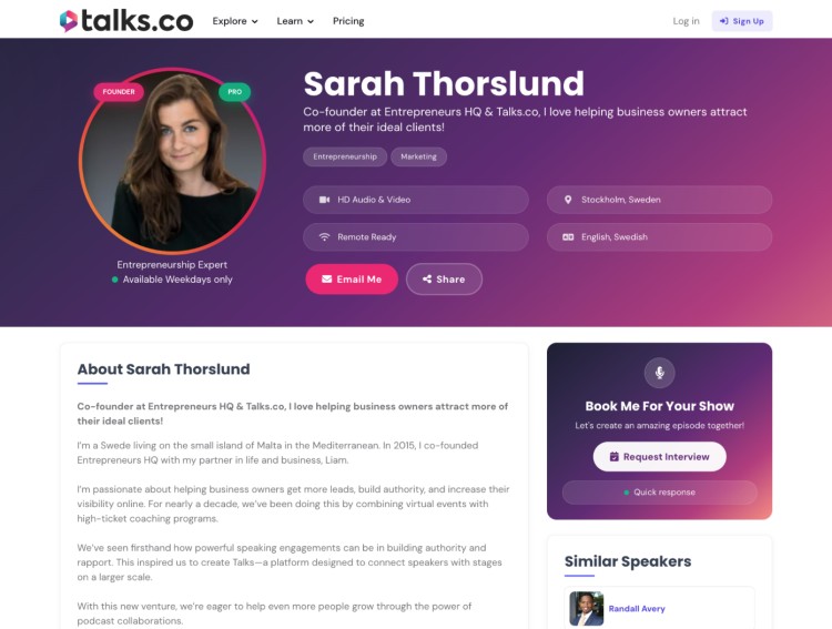 Sarah Thorslund profile page and headshot on Talks.co showcasing her as co-founder of Entrepreneurs HQ and Talks.co, with expertise in entrepreneurship and marketing.