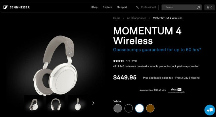 Sennheiser Momentum 4 Wireless in white, the right pair of headphones for podcasting with 60-hour battery life and premium sound