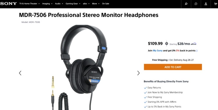 Sony MDR-7506 stereo monitor headphones displayed on a product page, designed for delivering accurate monitoring and professional sound quality.