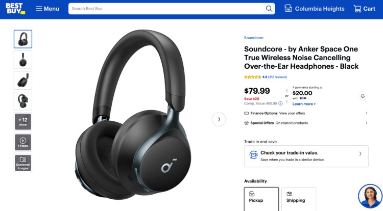 Soundcore Space One quality headphones by Anker in black, featuring wireless noise cancelling over-the-ear design