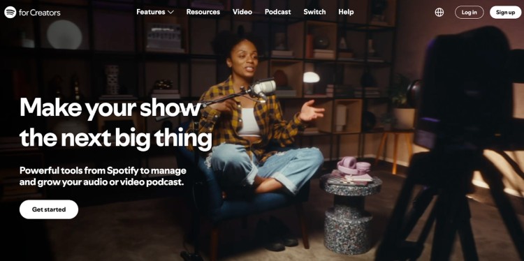 Spotify for Creators platform showcasing tools for podcasting to help hosts manage, record, and grow audio or video shows.