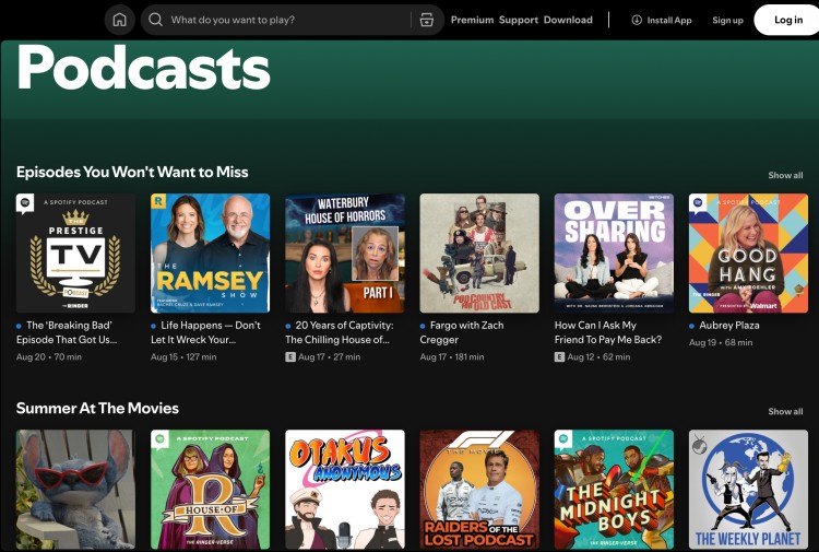 creenshot of Spotify's podcasts section showing featured episodes and categories, serving as an example of a popular podcast website with diverse shows.