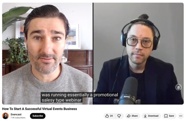 Liam Austin being interviewed on a YouTube show about starting a business with virtual events, discussing strategies for success