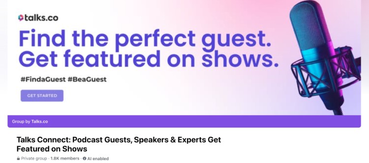 Promotional banner for Talks Connect, a group that helps podcasters find the perfect guests and get featured on shows.