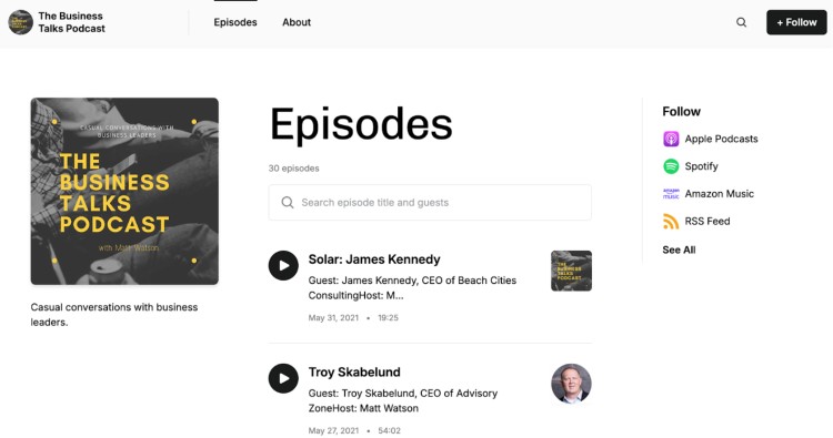 Screenshot of The Business Talks Podcast episodes page showing casual conversations with business leaders and links to follow on Apple Podcasts, Spotify, and Amazon Music