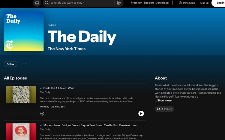 Screenshot of The Daily podcast by The New York Times on Spotify, showcasing a news-focused type of content with daily stories and in-depth reporting.