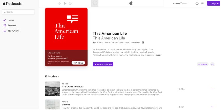 Screenshot of the podcast This American Life on Apple Podcasts, recognized as a leading example of the storytelling podcast format with personal stories and narrative-driven episodes.