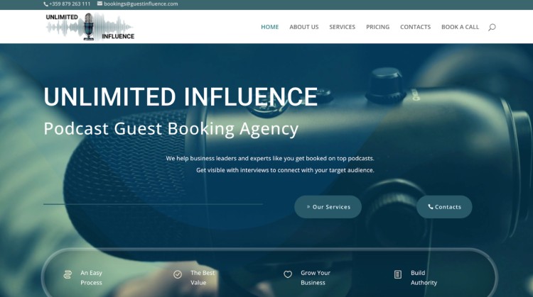 Unlimited Influence website showcasing how their podcast booking agency helps experts get booked on top podcasts.