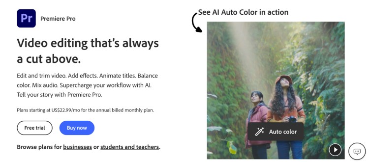 Adobe Premiere Pro showcasing AI auto color and video editing features, representing pro tools like Adobe used for advanced editing workflows.