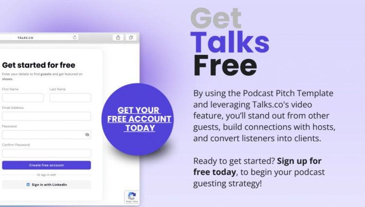 Talks.co promotional banner encouraging users to get a free account and use this template to pitch podcasts, connect with hosts, and grow visibility.